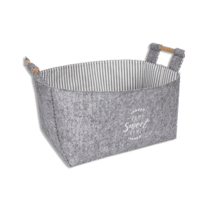 Grey Felt Rectangular Multi Purpose Basket With Wooden Handle