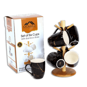 Momaz 6 Black Marble Mug with Bamboo Stand