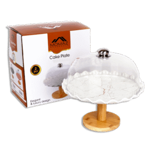 Momaz White Marble Cake Plate with Bamboo Stand