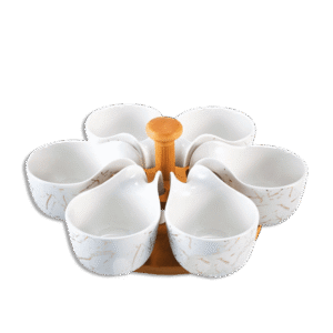 Momaz White Marble Round Bowl Set with Bamboo Tray