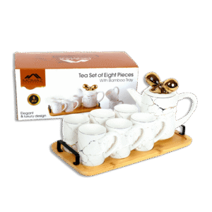 Momaz White Marble Tea Set with Bamboo Tray