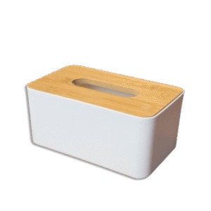 White Plastic with Wooden Lid Tissue Box