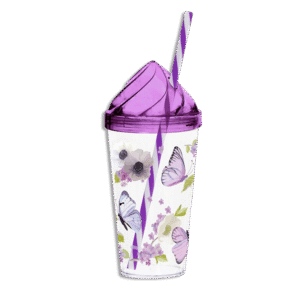 Herevin Butterflies with Straw Plastic Purple 660ml Cup