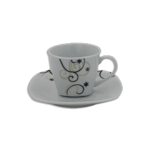 Set of 6pcs White Designed Coffee Cups with 6 Squared Saucer