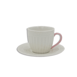 Set of Dozen White Coffee Cups & Saucer with Pink Handle