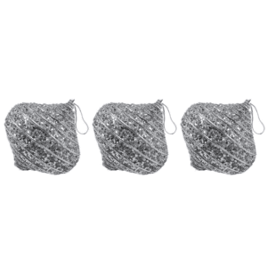 Christmas Oval Glitter Striped Silver Balls Tree Decoration Set of 3pcs