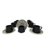 Momaz Set of Dozen Mandala Black Coffee Cups with Saucer