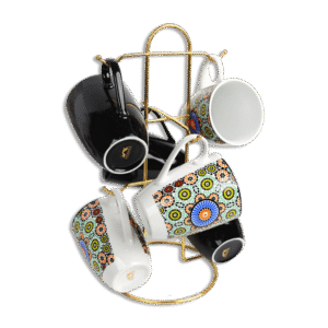 Momaz Set of 6pcs Mandala Black Nescafe Mugs with Gold Stand