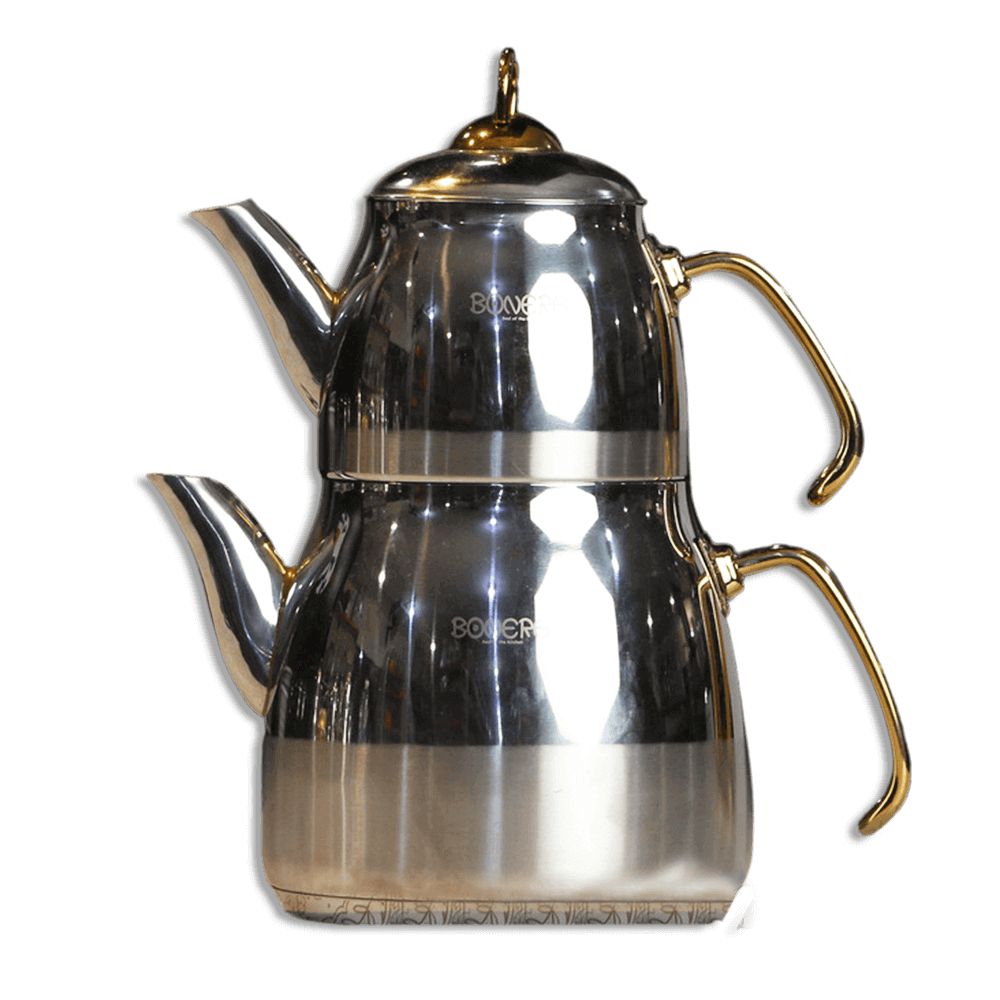 Stainless Steel 1.1L+2.2L Double TeaPot Set with Gold Handle (1)
