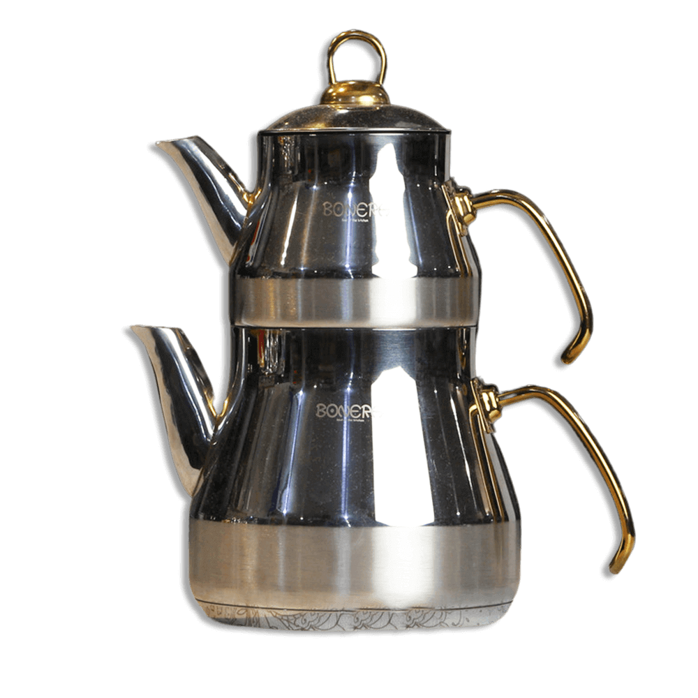 Stainless Steel 1.1L+2L Double TeaPot Set with Designed Gold Handle
