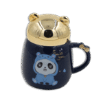Navy Blue Panda Mug with Designed Gold Lid