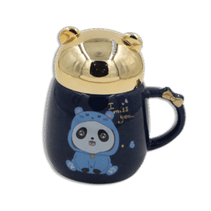 Navy Blue Panda Mug with Designed Gold Lid