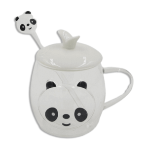 Panda 350ml Double Glass Mug With Lid & Spoon