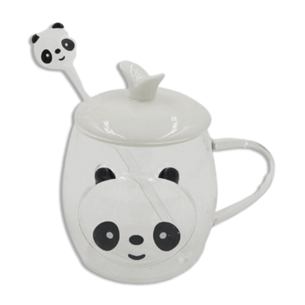 Panda 350ml Double Glass Mug With Lid & Spoon