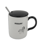 White Glass Mug with Black Lid & Spoon