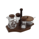 Dark Brown Wooden Stand with Oil Jar, Sugar Pot & 2 Salt Shaker