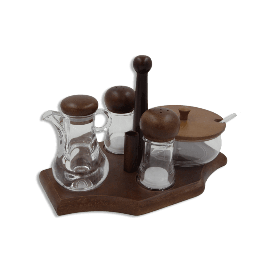 Dark-Brown-Wooden-Stand-with-Oil-Jar,-Sugar-Pot-&-2-Salt-Shaker