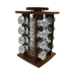 Set of 16pcs Spices Jars with Stainless Steel Lids & Dark Wooden Rotating Stand
