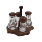 Set of 2 Oil Jugs with 2 Salt Shaker with Dark Wooden Lids & Base