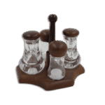 Set of 2 Oil Jugs with 2 Salt Shaker with Dark Wooden Lids & Base