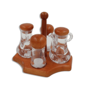 Set of 2 Oil Jugs with 2 Salt Shaker with Wooden Lids & Base