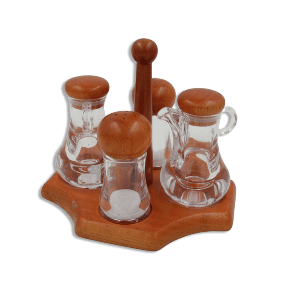 Set-of-2-Oil-Jugs-with-2-Salt-Shaker-with-Wooden-Lids-&-Base