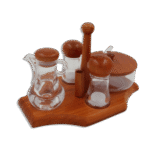 Wooden Stand with Oil Jar, Sugar Bowl & 2 Salt Shaker