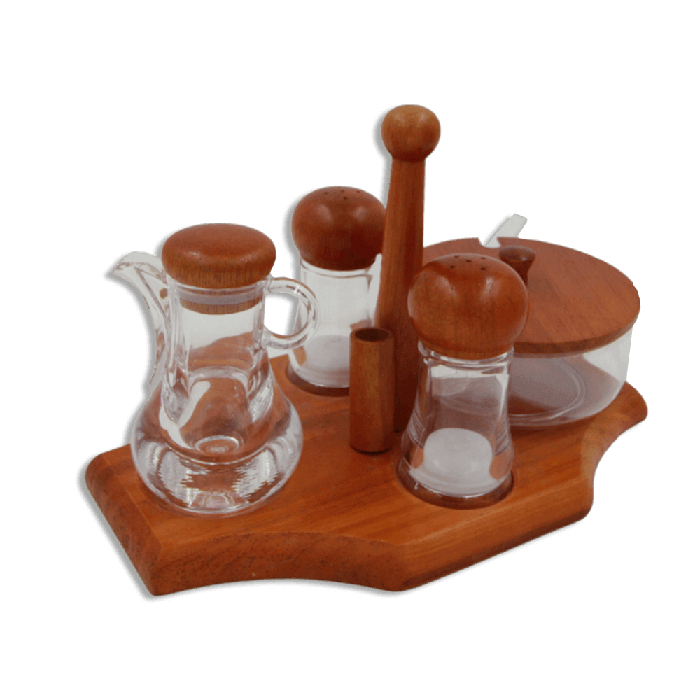 Wooden-Stand-with-Oil-Jar,-Sugar-Pot-&-2-Salt-Shaker