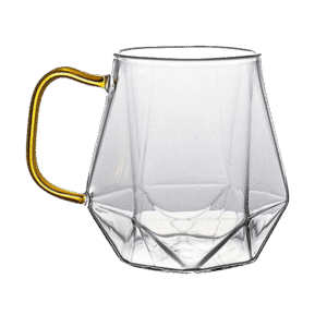 Diamond Shape Transparent Glass Mug with Gold Handle Geometric Design