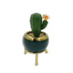 Emrald and Golden Vase with Thick Cactus and Yellow Flower