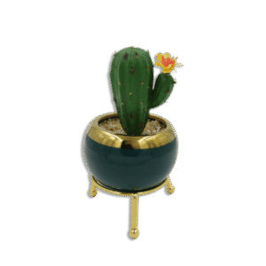 Emrald and Golden Vase with Thick Cactus and Yellow Flower