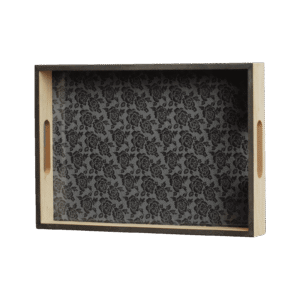 Wooden Black Flowers Patterned Large Tray