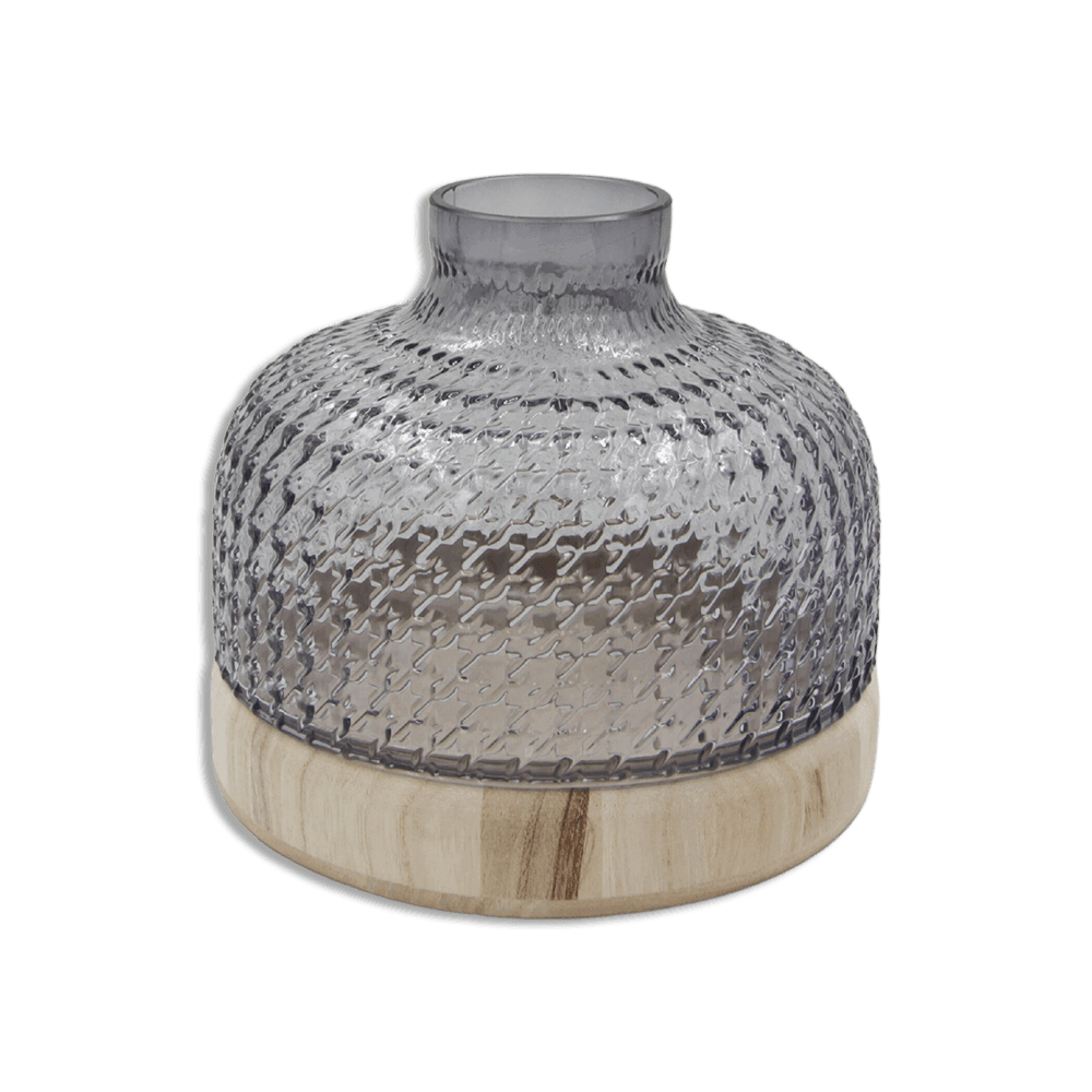Black Ribbed 23cm Glass Vase with Wooden Base