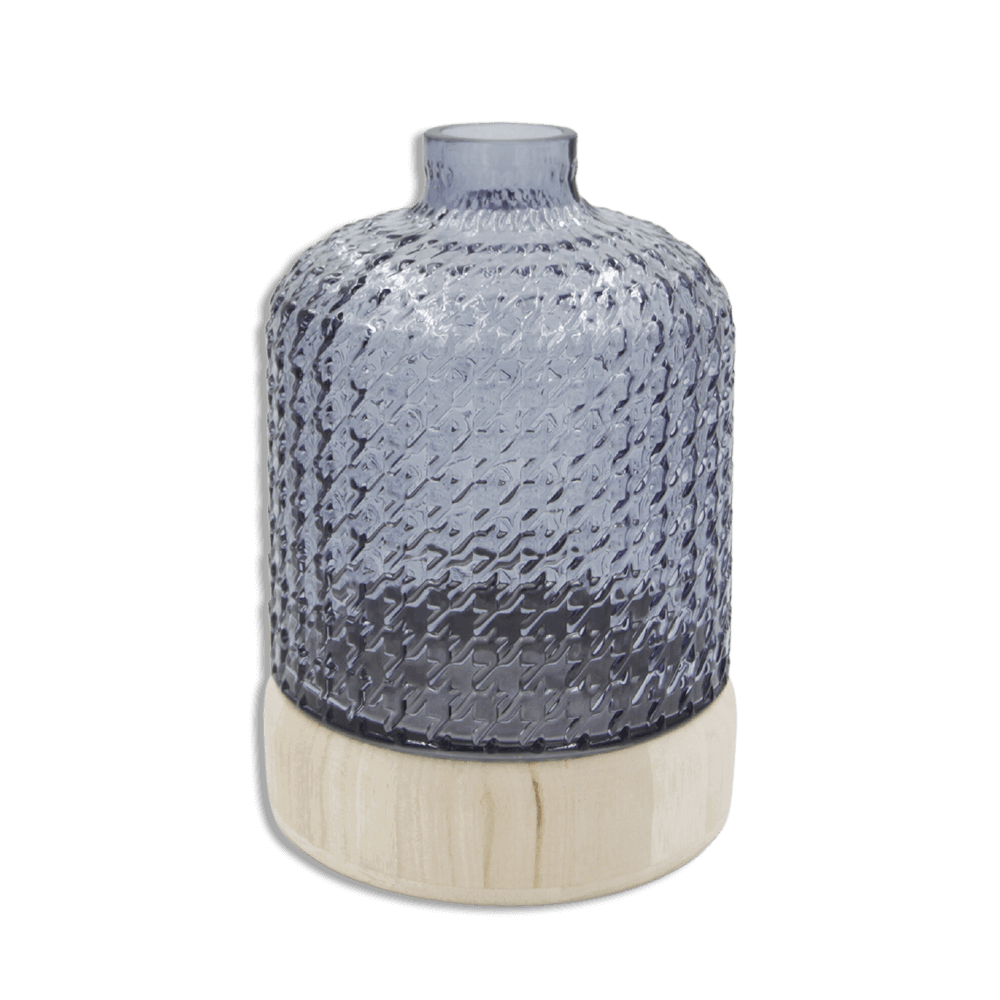 Black-Ribbed-25cm-Glass-Vase-with-Wooden-Base