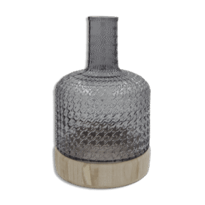 Black Ribbed 31cm Glass Vase with Wooden Base