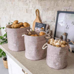 Beige Felt Style Round Basket with Handle