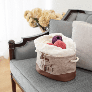 Beige Leather Storage Basket with Drawstring Cover1