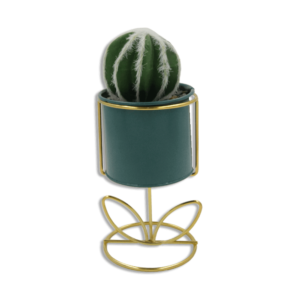 Emrald Vase With Golden Base And Furred Round Cactus