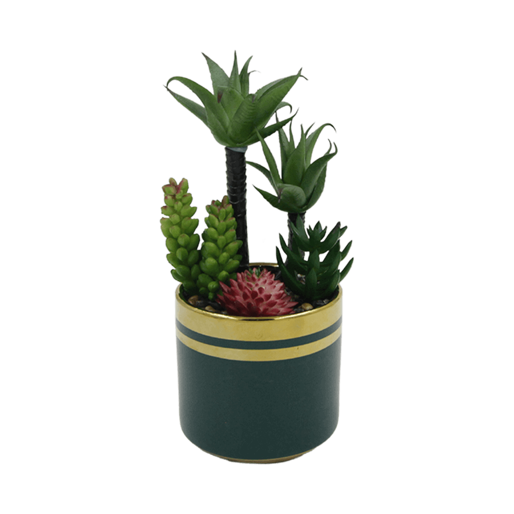 Emrald-Vase-with-Palm-Trees-and-Red-Plant