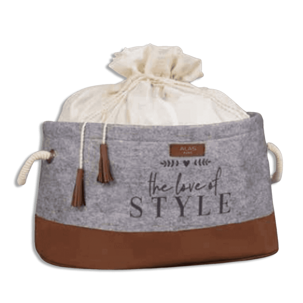 Grey-Leather-Storage-Basket-with-Drawstring-Cover