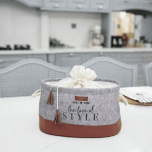 Grey Leather Storage Basket with Drawstring Cover1