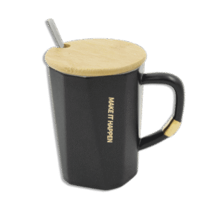 Patterned Black Glass Mug with Spoon and Wooden Lid