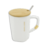 Patterned White Glass Mug with Spoon and Wooden Lid