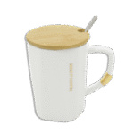 Patterned White Glass Mug with Spoon and Wooden Lid