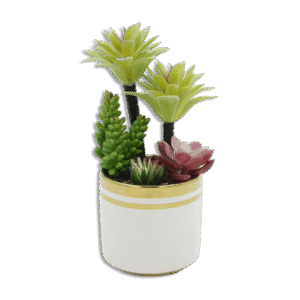 White Vase with Palm Trees and Purple Flower