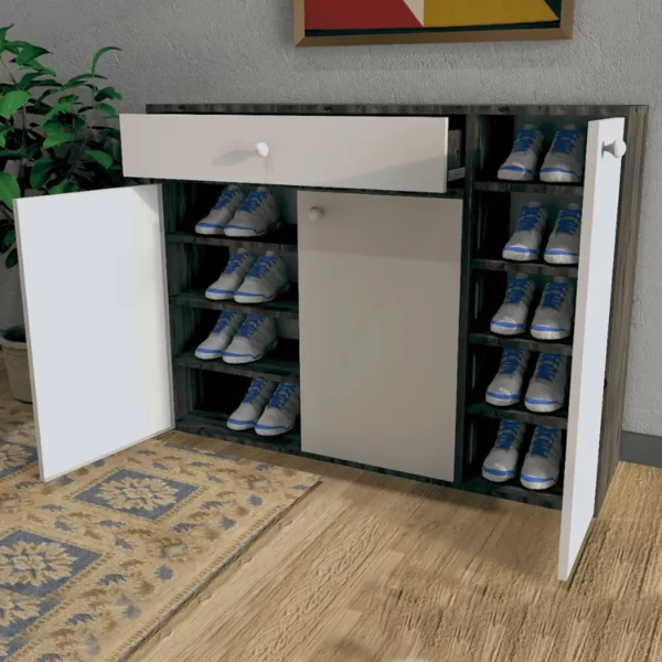 Wooden 3 Lockers & Drawer Shoes Closet White & Grey