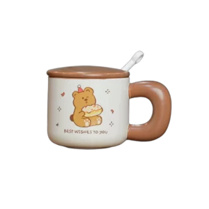 Ceramic Brown Birthday Sitting Bear Mug With Lid & Spoon