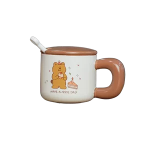 Ceramic Brown Birthday Standing Bear Mug With Lid & Spoon