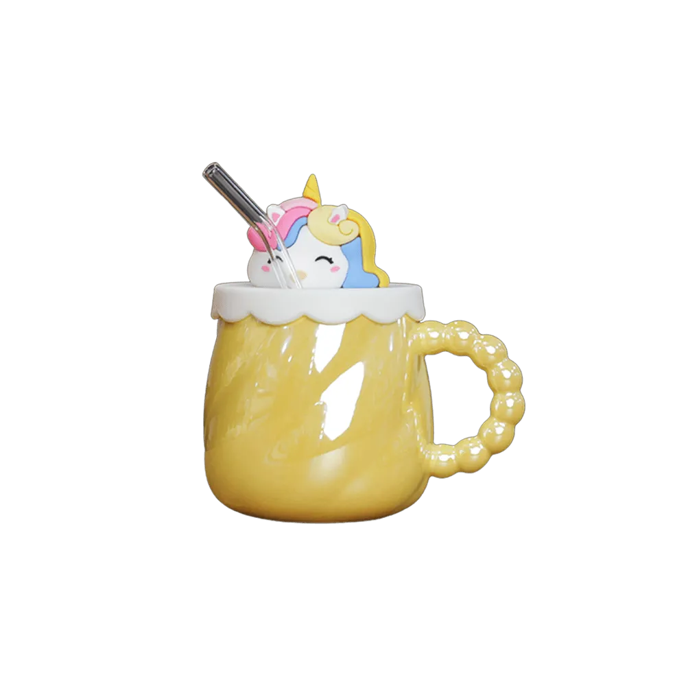 Ceramic-Yellow-Unicorn-Patterned-Mug-with-Lid-&-Spoon