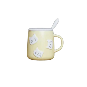 Kitten Stickers Yellow Mug with Lid & Spoon